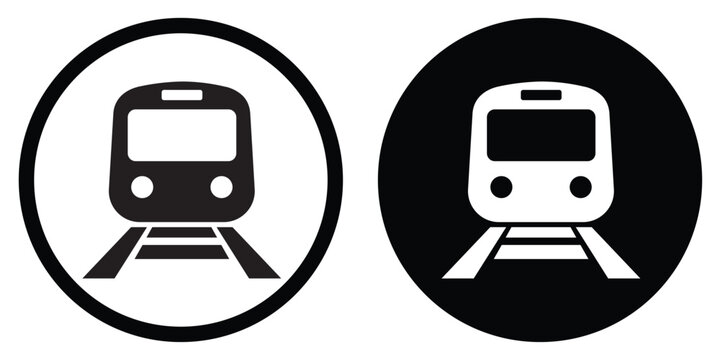 Front view train icon in circular badge. Public transportation symbol for metro, subway, and railway transit systems in urban city infrastructure design.