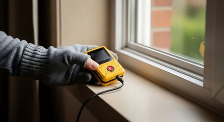 A gloved hand holding a yellow device up to a window to test for air leaks or temperature.