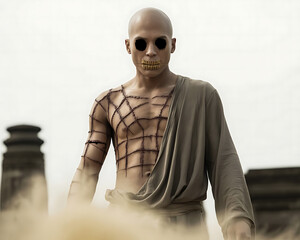 Bald man with stitched body and gold teeth grins menacingly