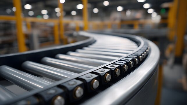 A close up view of a heavy duty conveyor belt chain in a modern blurred industrial factory setting