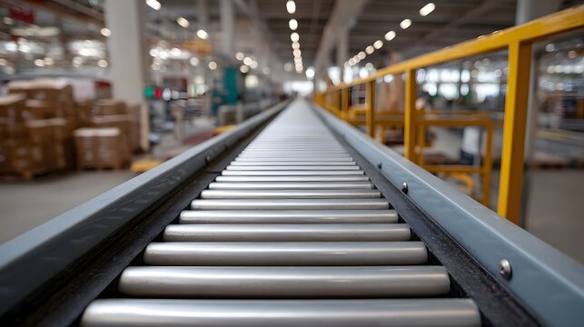 A close up perspective of a roller conveyor belt in a modern factory illustrating industrial logistics and automated transport systems