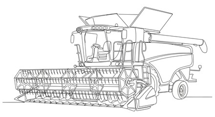 Detailed line drawing of a modern combine harvester for agricultural use.