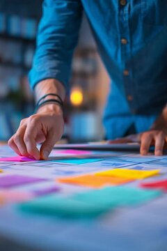 Project manager organizing tasks with sticky notes on a planning board during a creative brainstorming session in the office