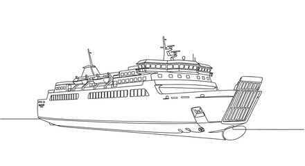 Obraz premium A detailed line drawing of a large ferry boat with multiple decks and a ramp at the stern, depicted on a plain white background.