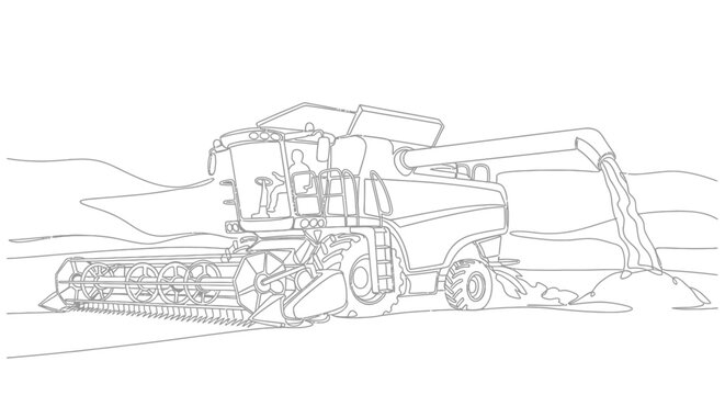 Line art drawing of a combine harvester actively working in a field, processing crops and discharging grain.