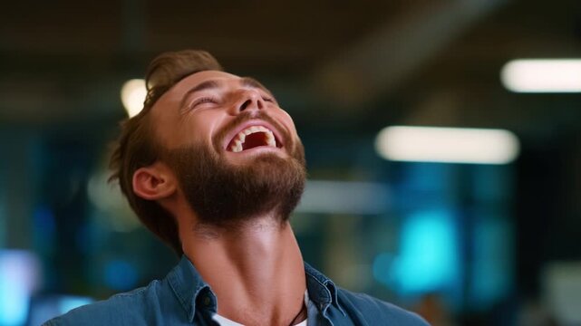 Joyful Laughter: Capturing the Unforgettable Moment of a Man Embracing Happiness with a Genuine Smile, Radiating Positivity and Pure Joy in a Social Setting