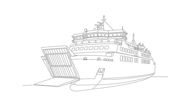 A detailed line drawing of a large passenger and vehicle ferry with its front ramp open, ready for loading or unloading.