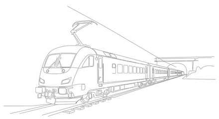 Detailed line drawing of a modern electric train on tracks approaching a tunnel entrance.