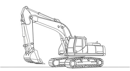 Detailed line drawing illustration of a heavy construction excavator machine.