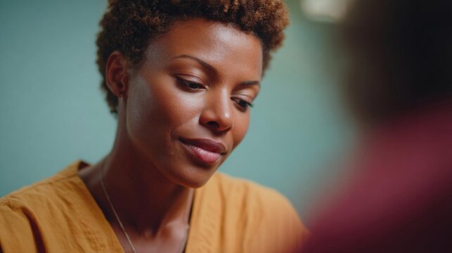 Close-up portrait of a young african-american woman with short, curly hair. she is wearing a yellow top and has a neutral expression on her face.