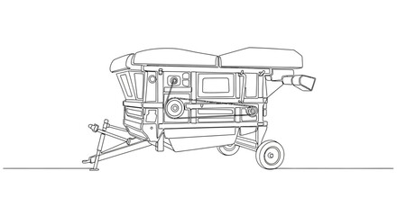 Continuous line drawing of a combine harvester, an agricultural machine used for harvesting grain crops, depicted in a minimalist black and white style.