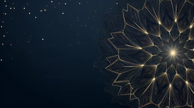 Geometric light animation with islamic background, abstract shapes forming a floral pattern in the corner