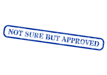 Blue and white not sure but approved stamp with distressed edges on black background flat line outline