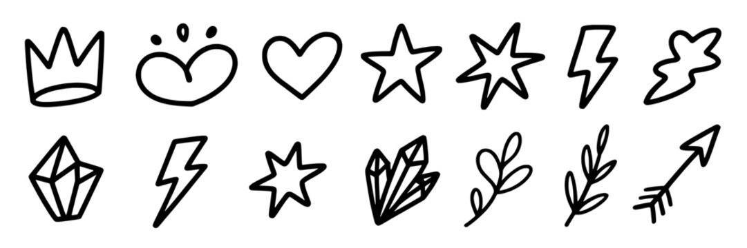 Icons doodle drawn set with black simple lines, hearts, stars, and various emblems for decoration and design use featuring crowns, smiley, lightning with gem and crystals elements for leaves, arrow