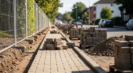 Naklejka premium A construction site with a partially built brick sidewalk and stacked paving stones along a residential street.