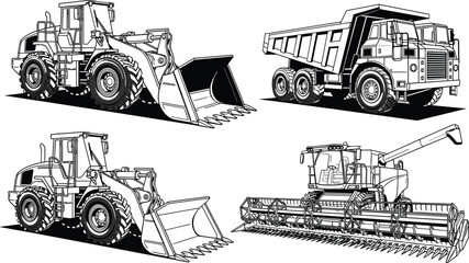 Black and white vector illustration set of heavy industrial machinery including front end loaders dump trucks and combine harvesters for construction and farming concepts © MdAnowarHossain