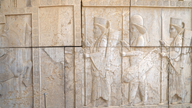 Bas-Relief of Persian Soldiers. Ruins of Persepolis, Shiraz, Iran.