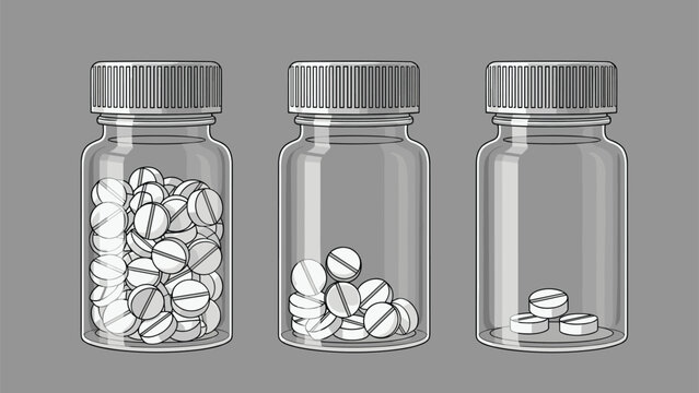 Comparison of three transparent medicine bottles containing different amounts of white round pills on a gray background.