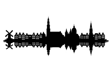 Obraz premium Amsterdam city skyline silhouette with historic canal houses, windmill and church towers, panoramic black vector illustration with reflection isolated on white background
