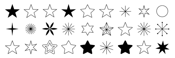 Obraz premium Stars set with various styles and black lines on white background graphic elements featuring collection, shapes, icons with symbols and illustrations elements for design, decoration projects, clean