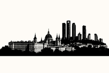 Fototapeta premium Black silhouette illustration of Madrid skyline featuring historic architecture and modern skyscrapers including the Cuatro Torres. Minimal panoramic cityscape design ideal for travel, urban,
