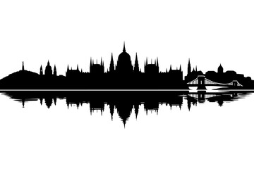 Fototapeta premium Black silhouette illustration of Budapest skyline with the Hungarian Parliament and historic buildings reflected on the river. Minimal panoramic cityscape design ideal for travel, architecture