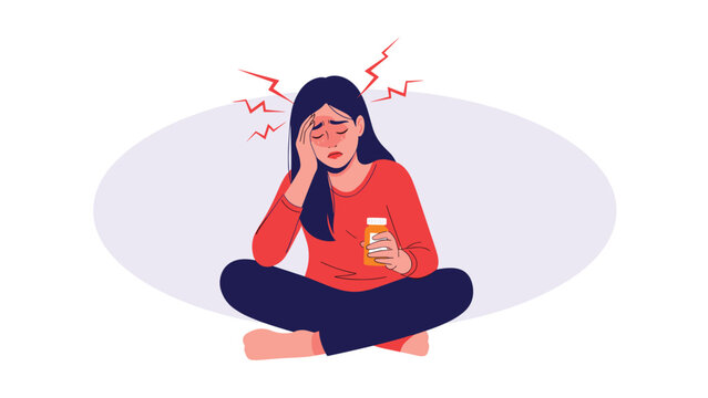 Young woman sitting cross-legged and holding a pill bottle while suffering from a severe migraine headache or pain.