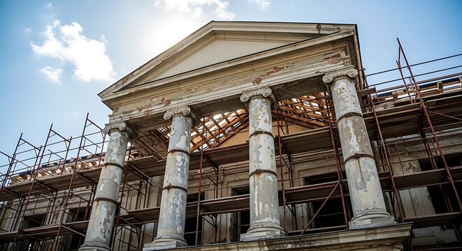 A historic building with columns and scaffolding under a blue sky with clouds