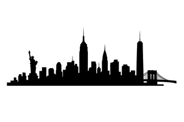 Obraz premium Black silhouette illustration of New York City skyline with iconic skyscrapers, Statue of Liberty, and bridge. Minimal panoramic cityscape design ideal for travel, urban, and business themes.