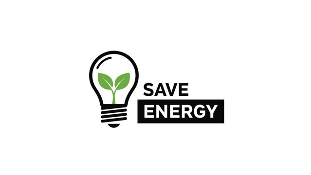 Environmental logo featuring a light bulb with a green sprout inside and the text save energy on a plain white background.