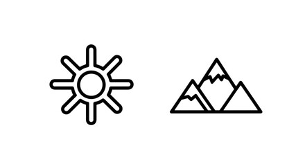 Sunny mountain landscape and outdoor adventure with bright sun and rocky peaks icon