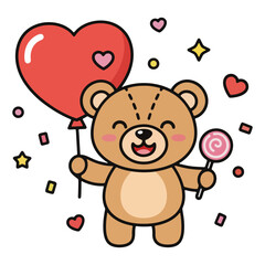 Obraz premium Party teddy bear with a heart balloon, featuring a party teddy bear holding a lollipop and a party teddy bear celebrating.