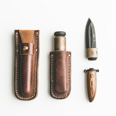 Top view of a real pepper spray, small knife on white background