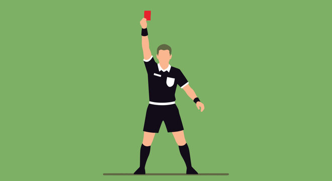 Football Referee Showing Red Card on Green Background, Disciplinary Action During Soccer Match