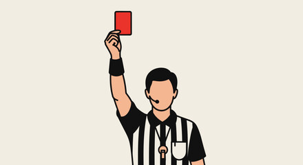 Solemn soccer referee showing a red card for player expulsion on a plain light gray background. © REZA