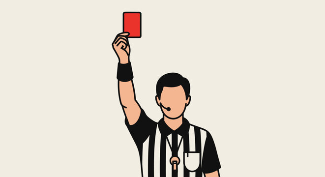 Solemn soccer referee showing a red card for player expulsion on a plain light gray background.