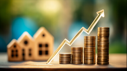 住宅価格の高騰を示す上向き矢印と家のアイコン