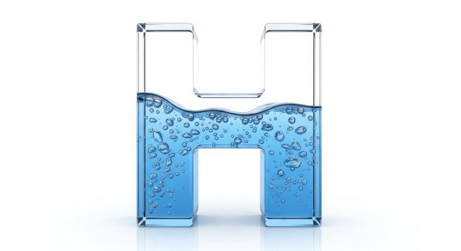 Clear glass letter H filled halfway with blue water and numerous small bubbles, isolated on a white background