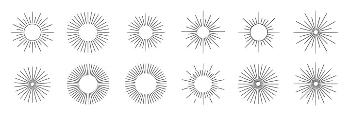Suns line vector set with burst effects, sunburst designs, and radiant icons in various styles featuring sun, graphic, effect with icon and symbol elements for style, design projects, clean