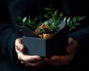 Gourmet takeout box presented by hands.