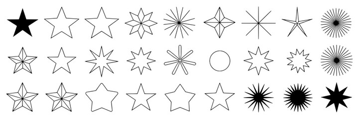 Fototapeta premium Stars outline and burst icons set with minimal black line shapes, sparkle symbols and sunburst starlets for logo design, rating badges, UI icons, stickers and decor