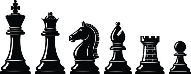 Black Chess Piece Silhouette Set Featuring King Queen Knight Bishop Rook And Pawn For Strategic Board Game Design Competition Logic And Intellectual Success Graphics © ROJUFA