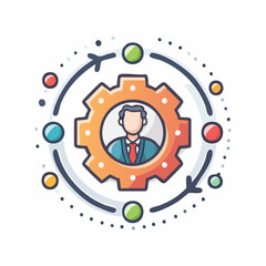 Obraz premium Businessman in gear icon with colorful circles and arrows.