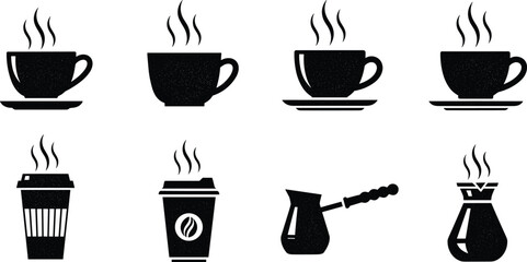 Black Coffee Icon Set Featuring Steaming Mugs Paper To Go Cups and Turkish Cezve Pots for Cafe Menu Design Restaurant Branding and Morning Caffeine Graphics