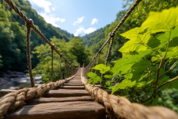 Obraz premium Woven Rope Bridge Spanning Narrow Gorge Surrounded by Lush Greenery and Natural Landscape