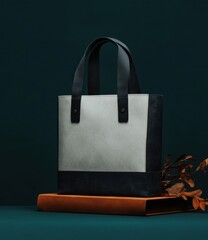 Elegant light gray and navy tote bag sits atop a book.