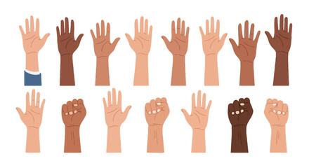 Fototapeta premium Collection of diverse hands showing different skin tones and gestures, symbolizing unity and equality, isolated on white background