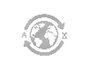 Globe icon made of small dots with letters 