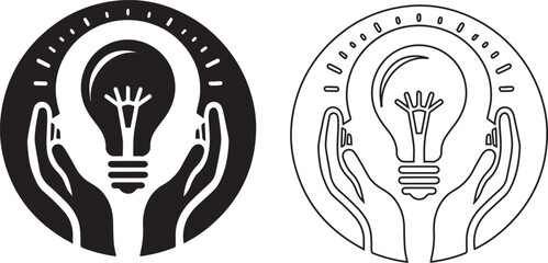 Hands holding light bulb icons in black and white for ideas and inspiration concepts vector illustration.