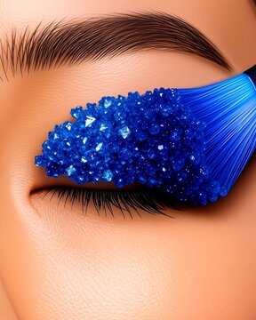 Close-up of a Korean eye with blue crystal-textured eyeshadow applied by a soft brush. Clean skin, perfect lighting, and sharp detail.  